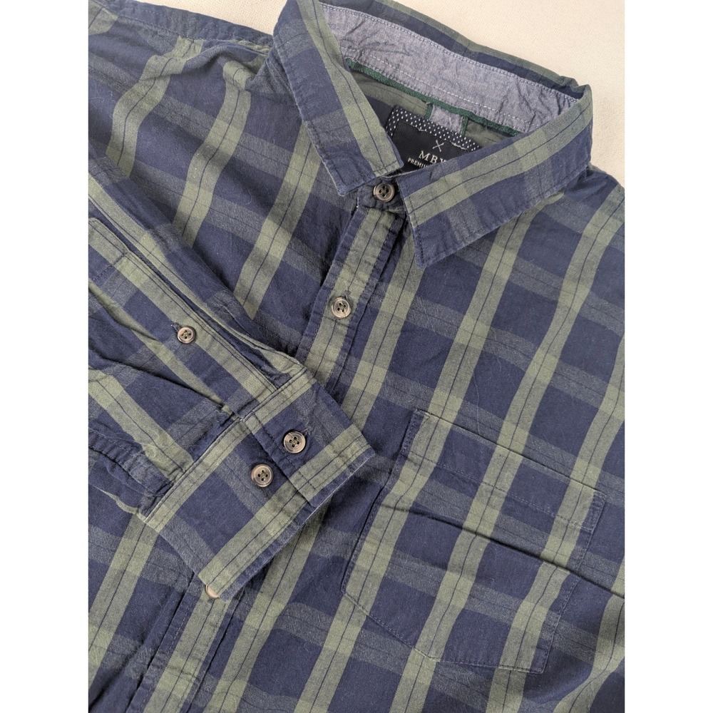 MBX Premium Goods Mens XL Plaid Button Down Shirt Navy Blue Olive Green Cotton